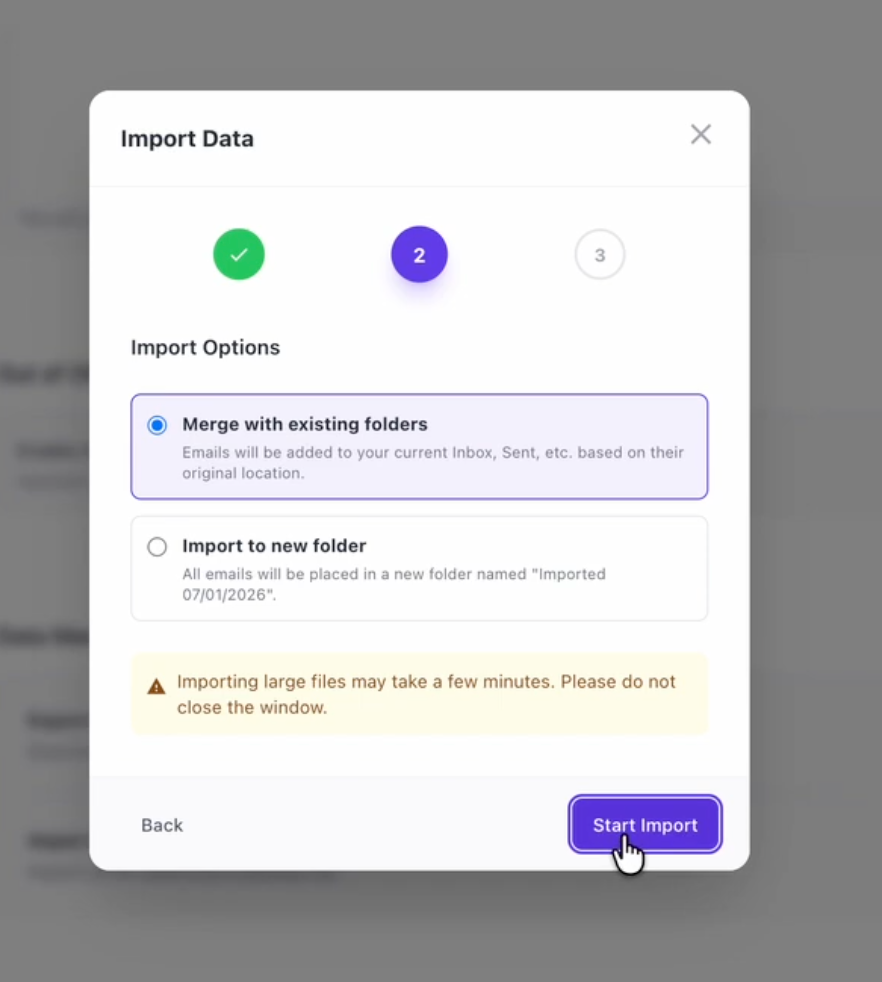 An 'Import Data' modal window displaying options to merge with existing folders or import to a new folder, with a 'Start Import' button.