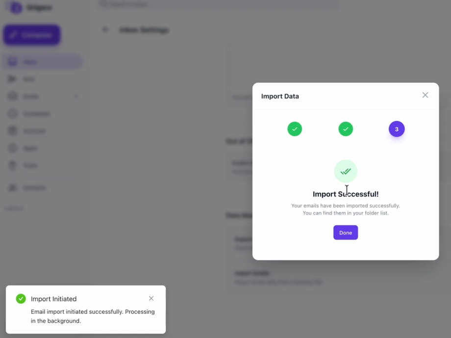 An app interface showing a successful data import. A modal confirms 'Import Successful!' with green checkmarks.