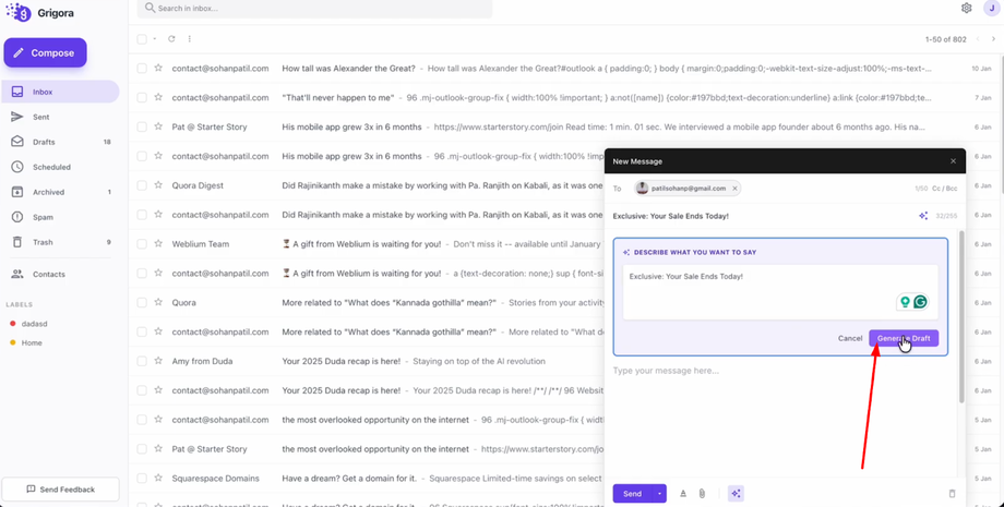 Describe what you Describe and click Generate draft.