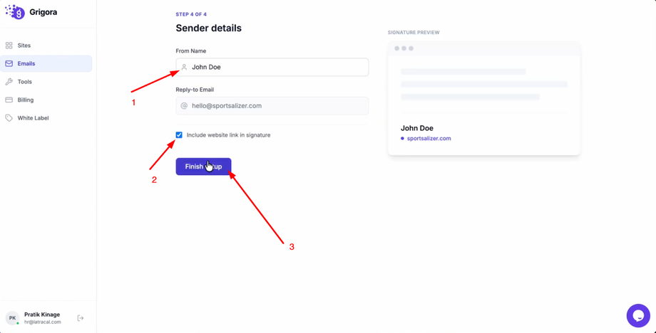 Enter the sender details and click finish setup