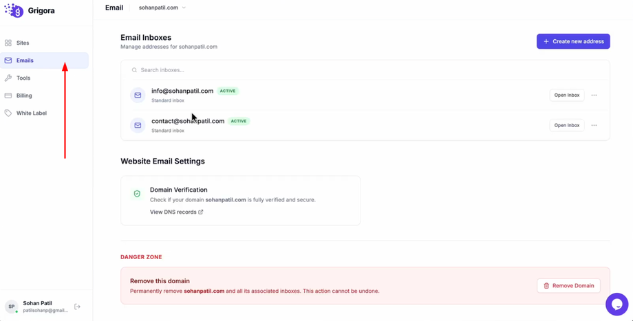 Click on the "Emails" section