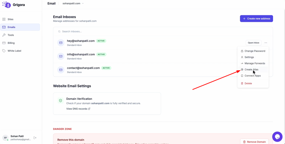 Select "Create alias."