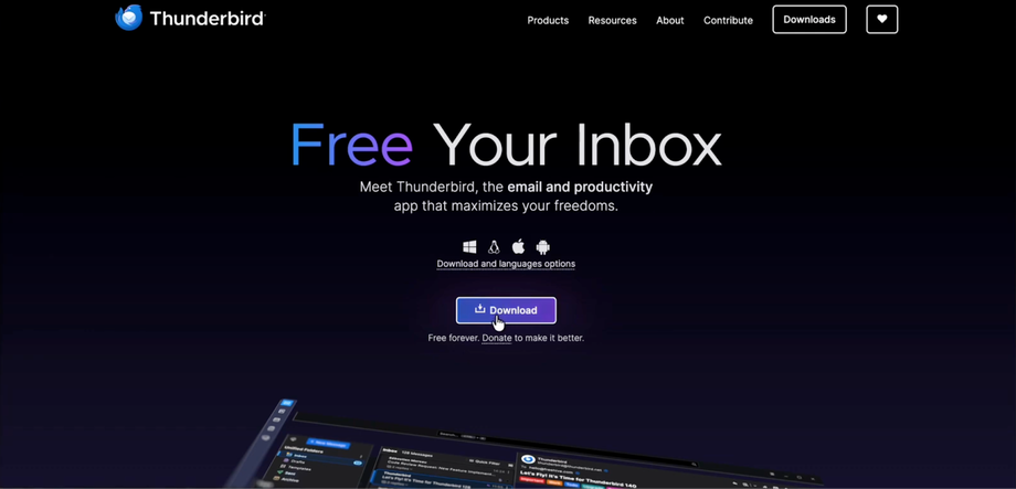 Thunderbird email client website showing 'Free Your Inbox' text and a prominent download button for Windows, Mac, Linux, and Android.