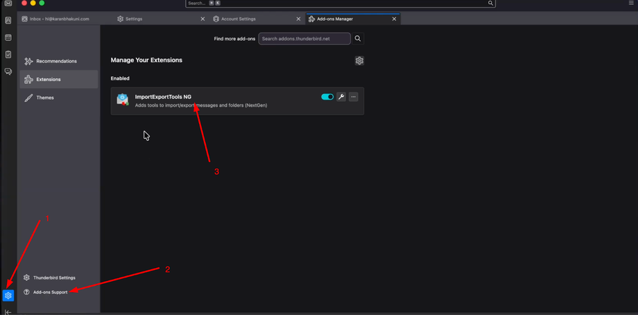 Thunderbird Add-ons Manager in dark mode, showing the 'ImportExportTools NG' extension enabled, with red arrows pointing to settings and add-on options.