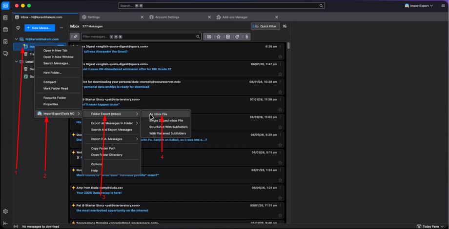 Screenshot of an email client showing a user right-clicking an inbox and selecting 'Folder Export (mbox) > As mbox File'.