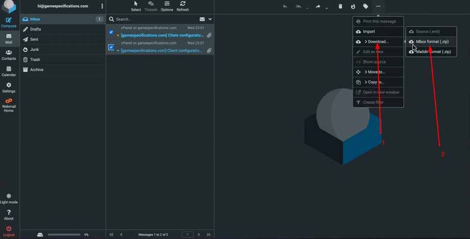 Image demonstrating cPanel export steps to download mbox file