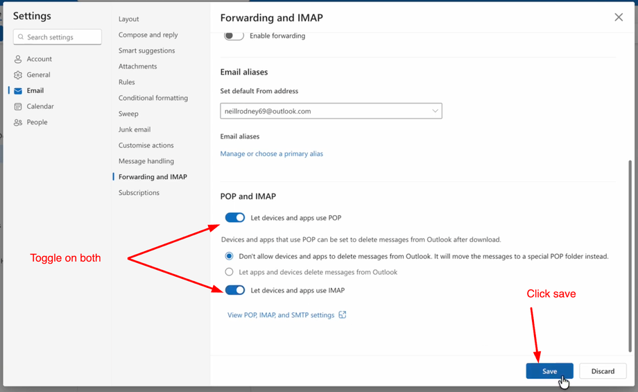 Outlook settings screen showing 'Forwarding and IMAP' with 'POP and IMAP' toggles enabled, and a 'Save' button.