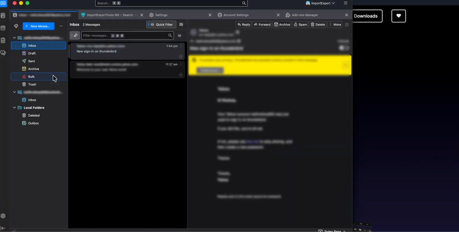 Thunderbird email client interface in dark mode, showing the 'Bulk' folder selected and an unread email.
