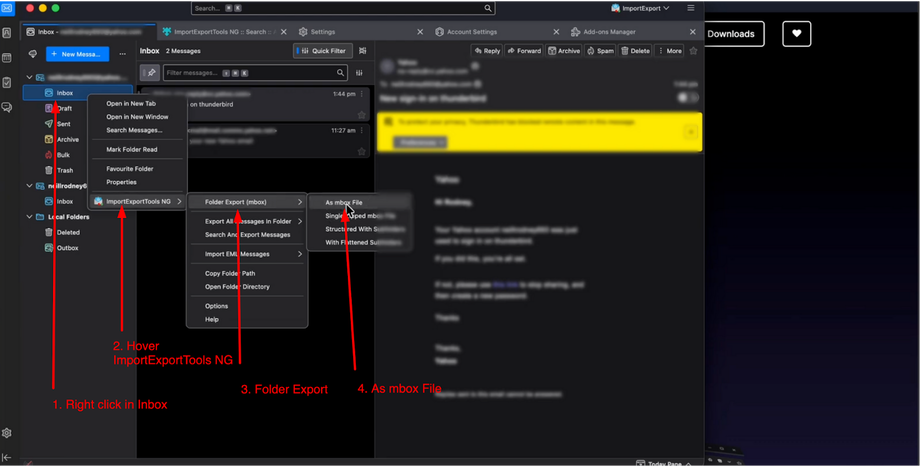 Screenshot showing how to export an inbox as an MBOX file using ImportExportTools NG in Thunderbird.