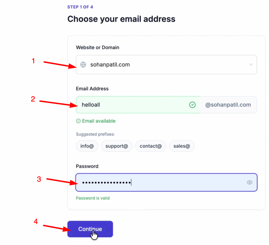 Email address creation form with fields for domain, email prefix, password, and a 'Continue' button.