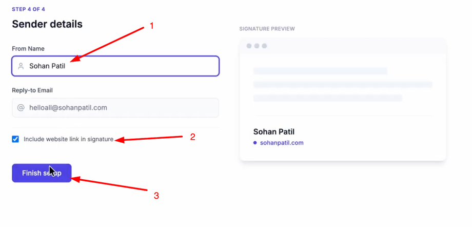 Sender details form for email signature setup, showing name' and a 'Finish setup' button.