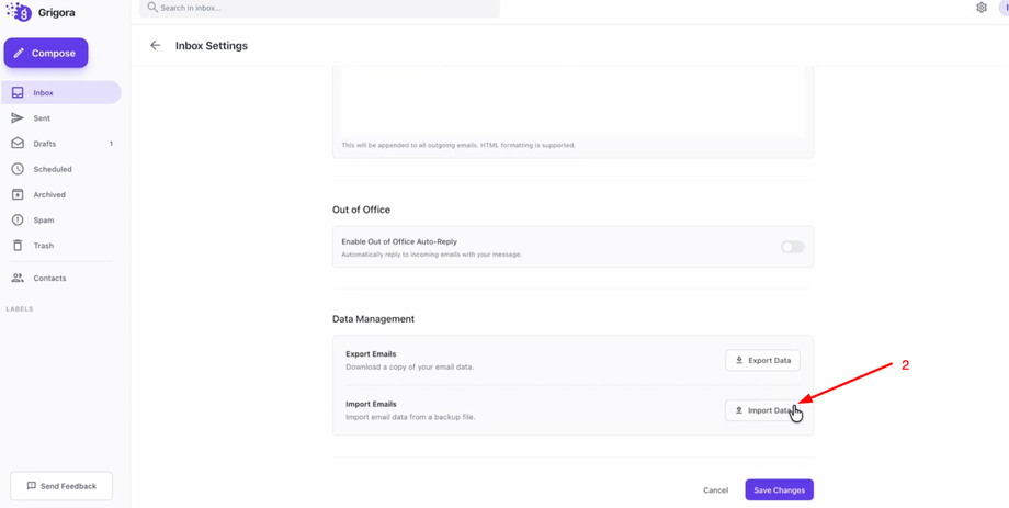 Screenshot of Grigora's Inbox Settings, highlighting the 'Import Data' button under 'Data Management'.