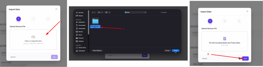 Steps to import data: a dialog box to upload backup file, then selecting an .mbox file from a file explorer, and finally confirming the uploaded file.