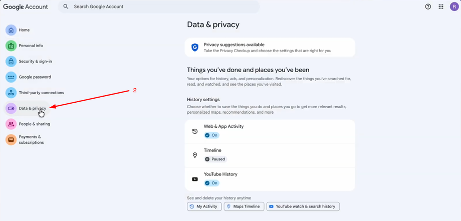 Screenshot of Google Account 'Data & privacy' settings with a red arrow pointing to the menu item.