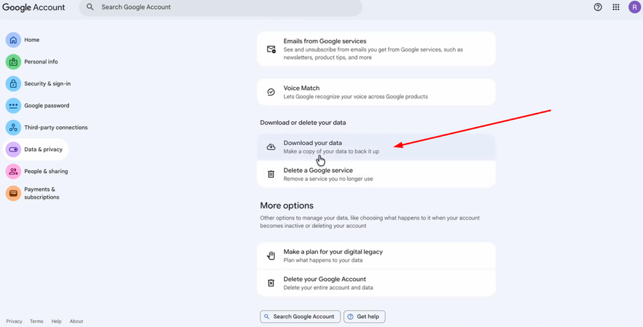 Screenshot of Google Account 'Data & privacy' settings with 'Download your data' highlighted by a red arrow.