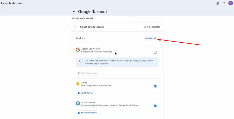 Screenshot of Google Takeout 'Select data to include' page, showing product selection for data export with a red arrow pointing to 'Deselect all'.