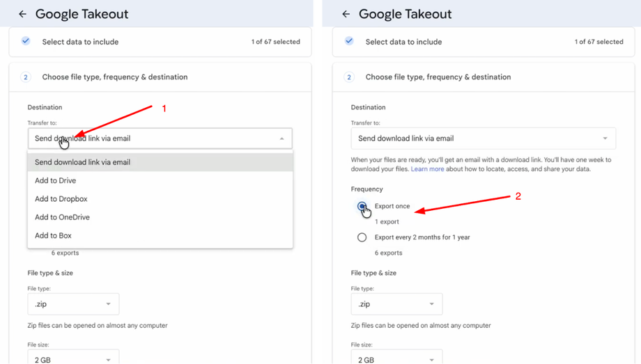 Google Takeout export settings showing 'Send download link via email' and 'Export once' selected.