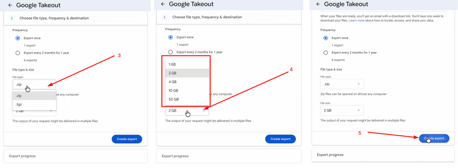 Screenshots showing to select file type, size, and create an export.