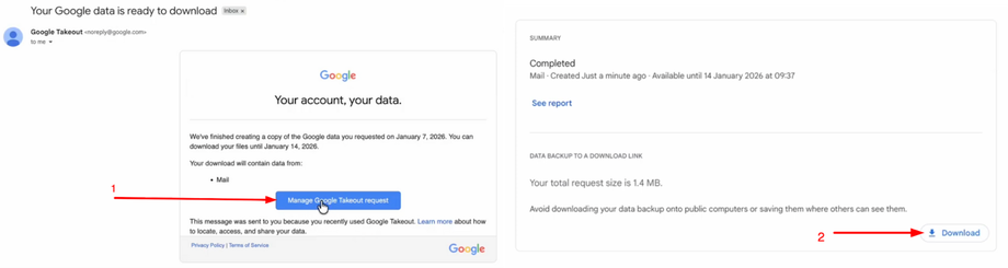 Screenshots showing how to download Google data: 'Manage Google Takeout request' button in an email and a 'Download' button.