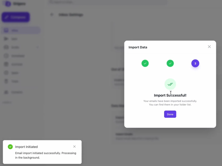 An 'Import Data' modal showing 'Import Successful' with green checkmarks, and an 'Import Initiated' notification.
