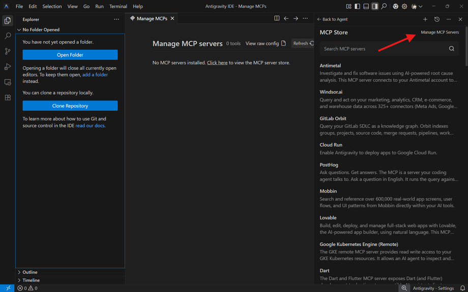 Manage MCP Servers option in Antigravity