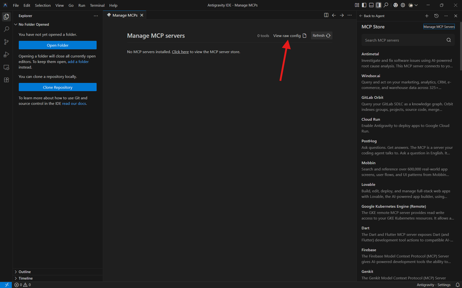 View raw config in Antigravity MCP management