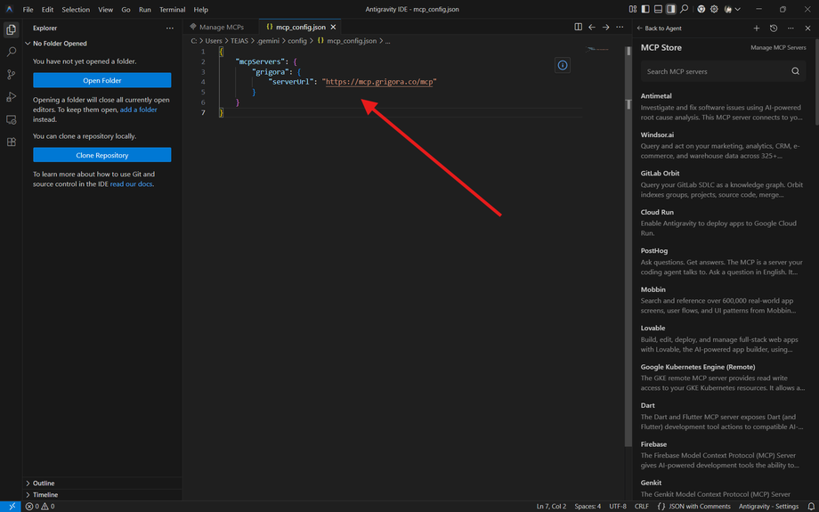 Adding Grigora serverUrl in mcp_config.json
