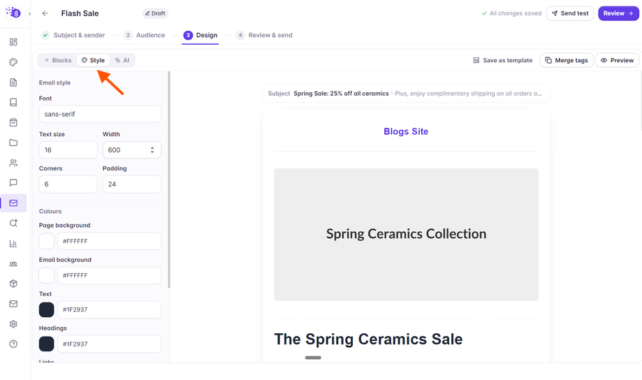 Grigora email composer Style tab header