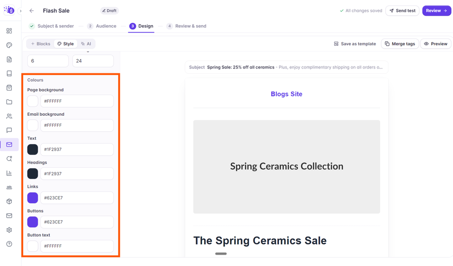 Grigora global email style and color controls