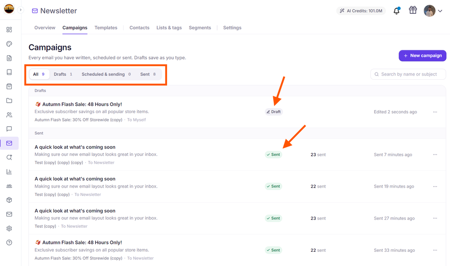 Grigora campaigns dashboard tabs