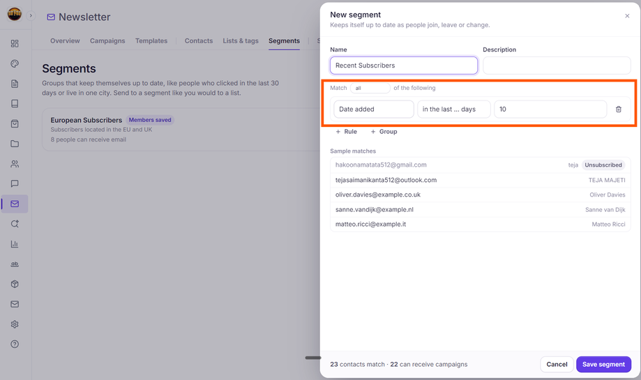 Grigora Segment Editor showing contacts match and can receive campaigns metrics