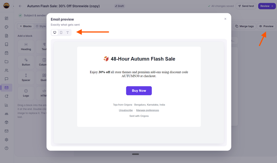 Email preview modal across devices