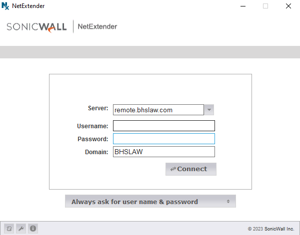 NetExtender login screen