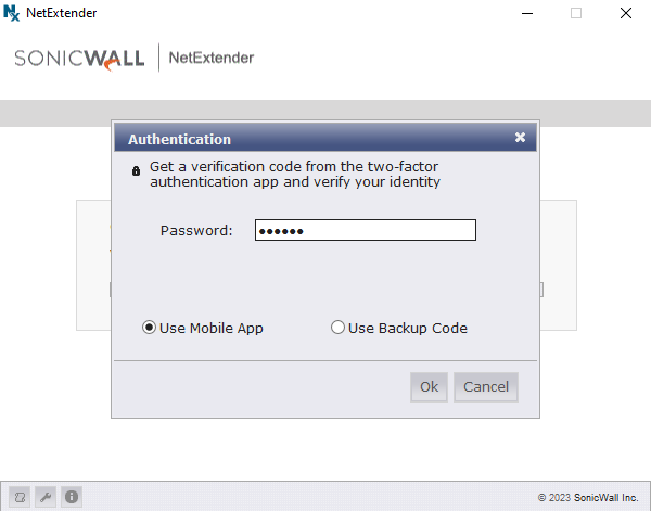 NetExtender two-factor authentication prompt