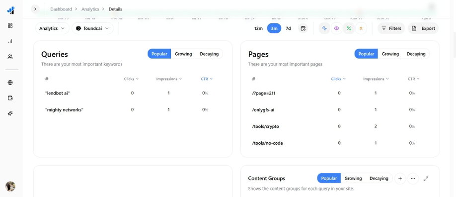 Scroll down to Pages, Queries, Content Groups, etc