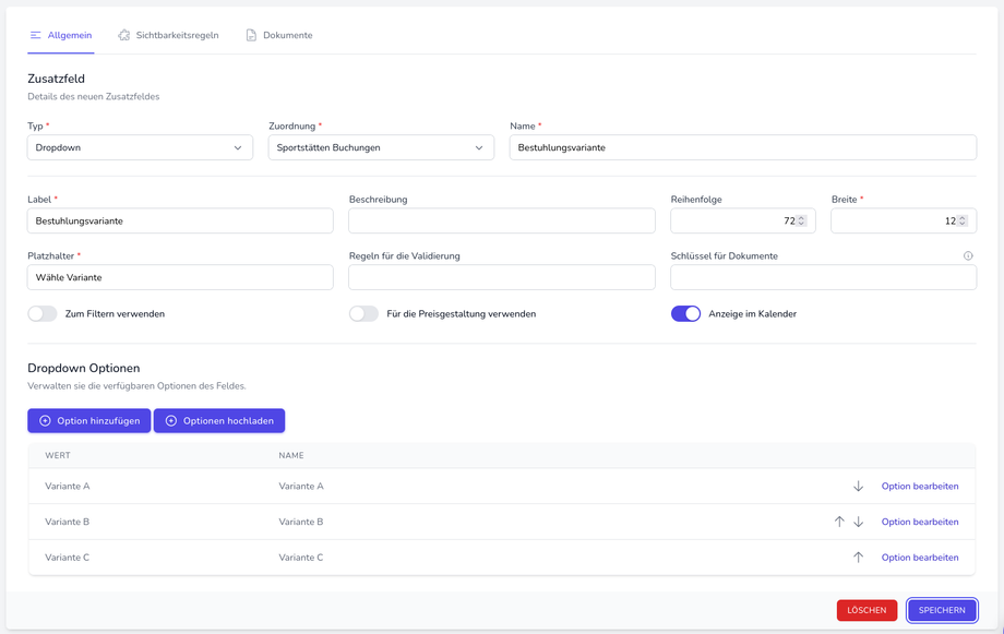 Einstellungen Zusatzfelder