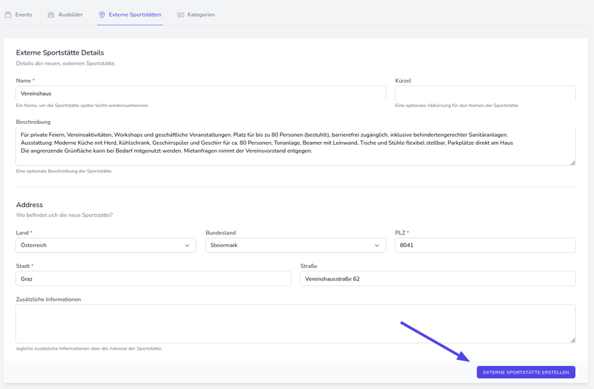 Externe Sportsstätte anlegen