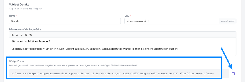 Beschreibung an welcher Stelle der Widget iFrame Code zu finden ist