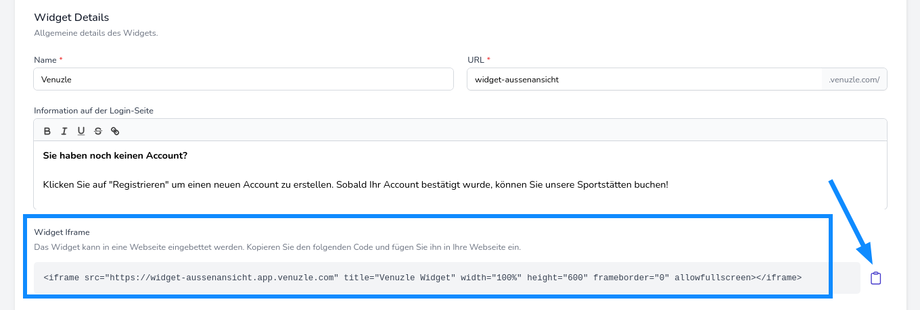 Beschreibung an welcher Stelle der Widget iFrame Code zu finden ist