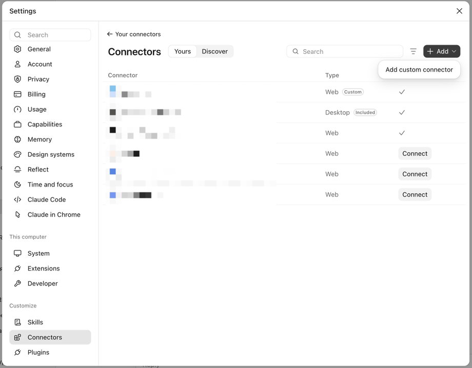 Claude Settings, Connectors, Add custom connector