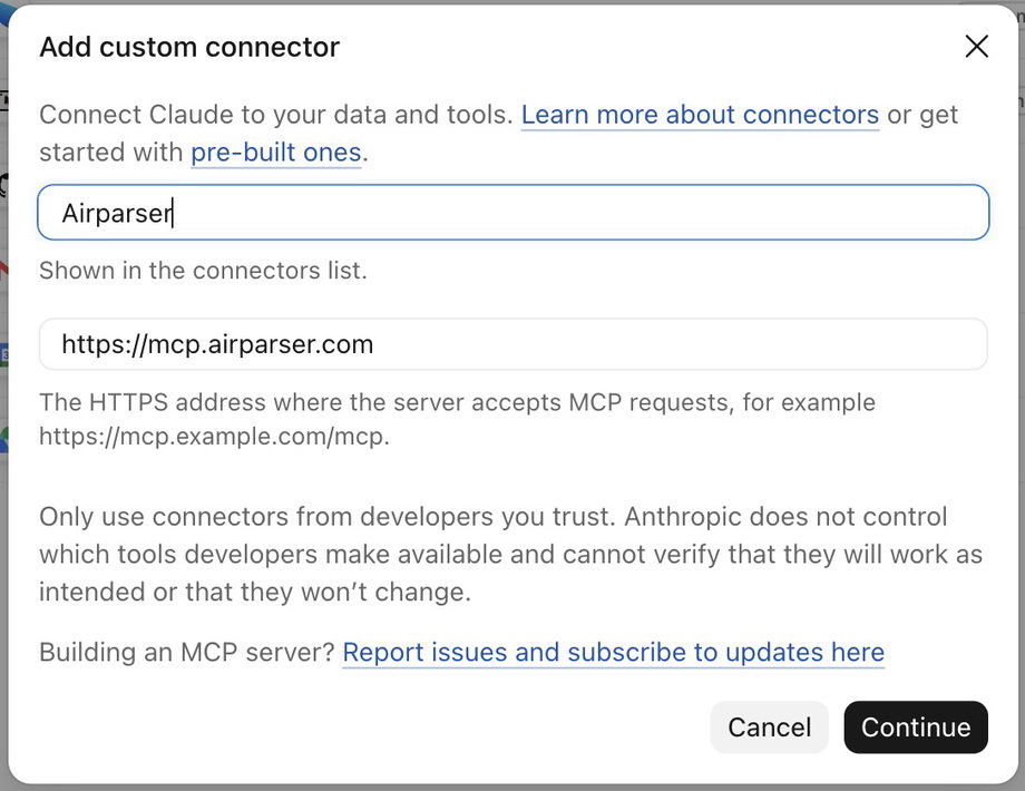 Add custom connector form with the Airparser server URL