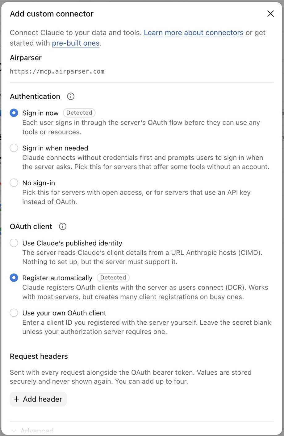 Authentication settings: Sign in now and Register automatically