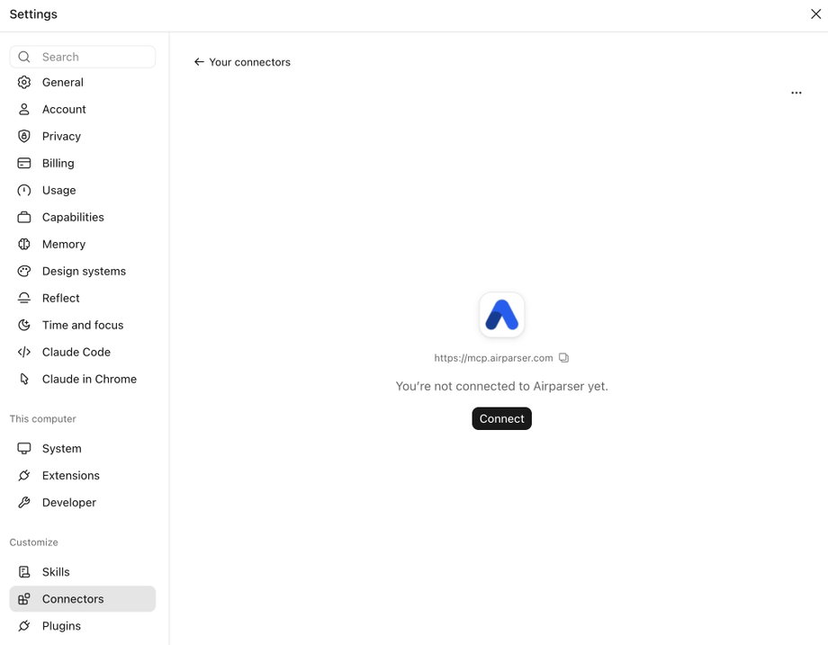 Airparser connector page with the Connect button