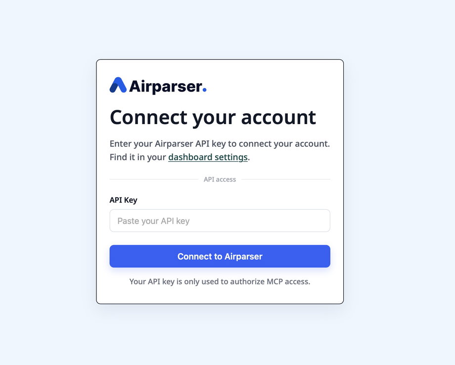Airparser Connect your account screen with the API key field