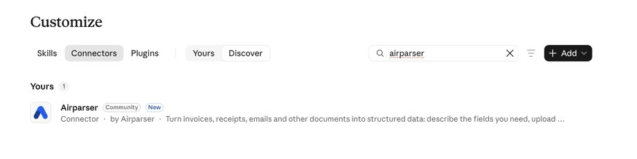 Claude Customize, Connectors: searching for Airparser