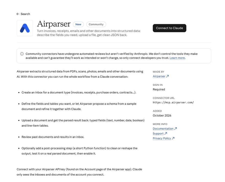 Airparser connector page with the Connect to Claude button