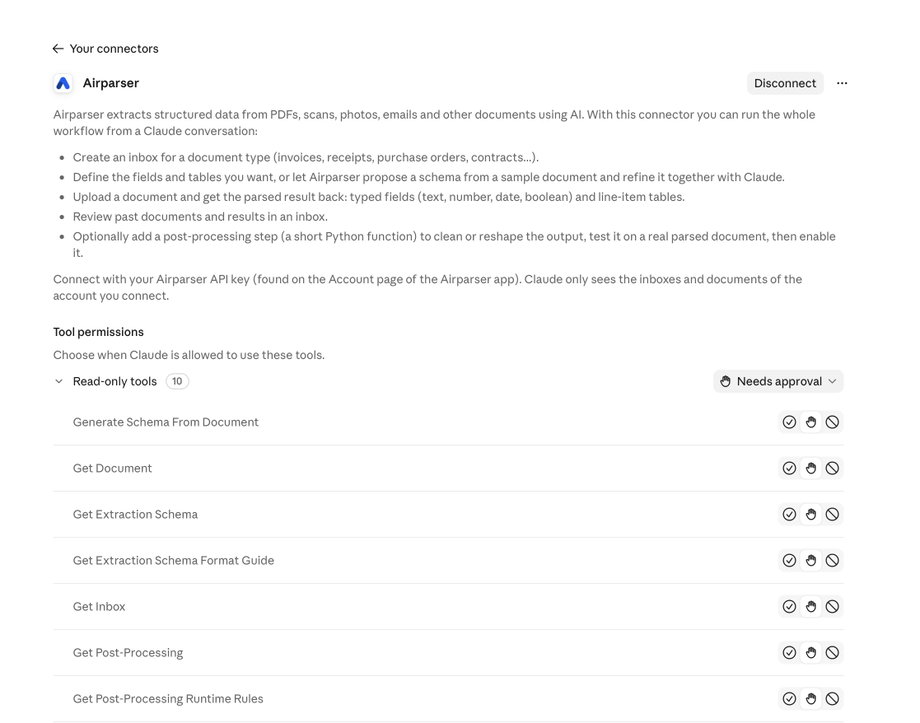 Airparser connector settings with the tool permissions