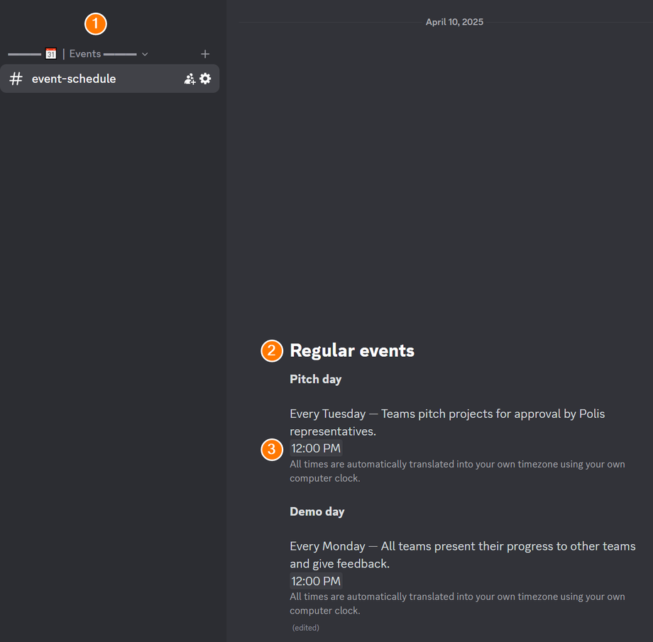 Image shows a person going to the events schedule section in the discord and checking under regular events.