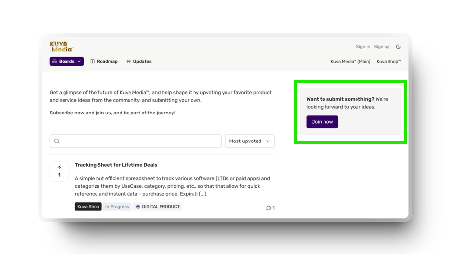 Request a new item at Kuva Shop, buy click on Join Now, then submitting your idea