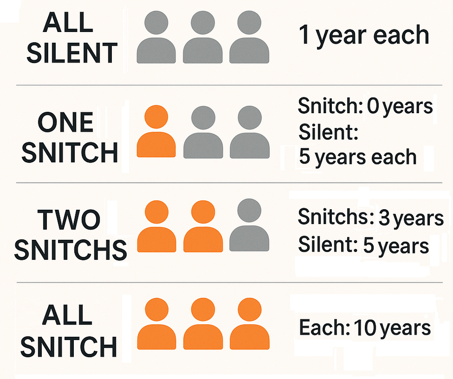 An overly simplified illustration of the prisoner's dilemma for quick reference.